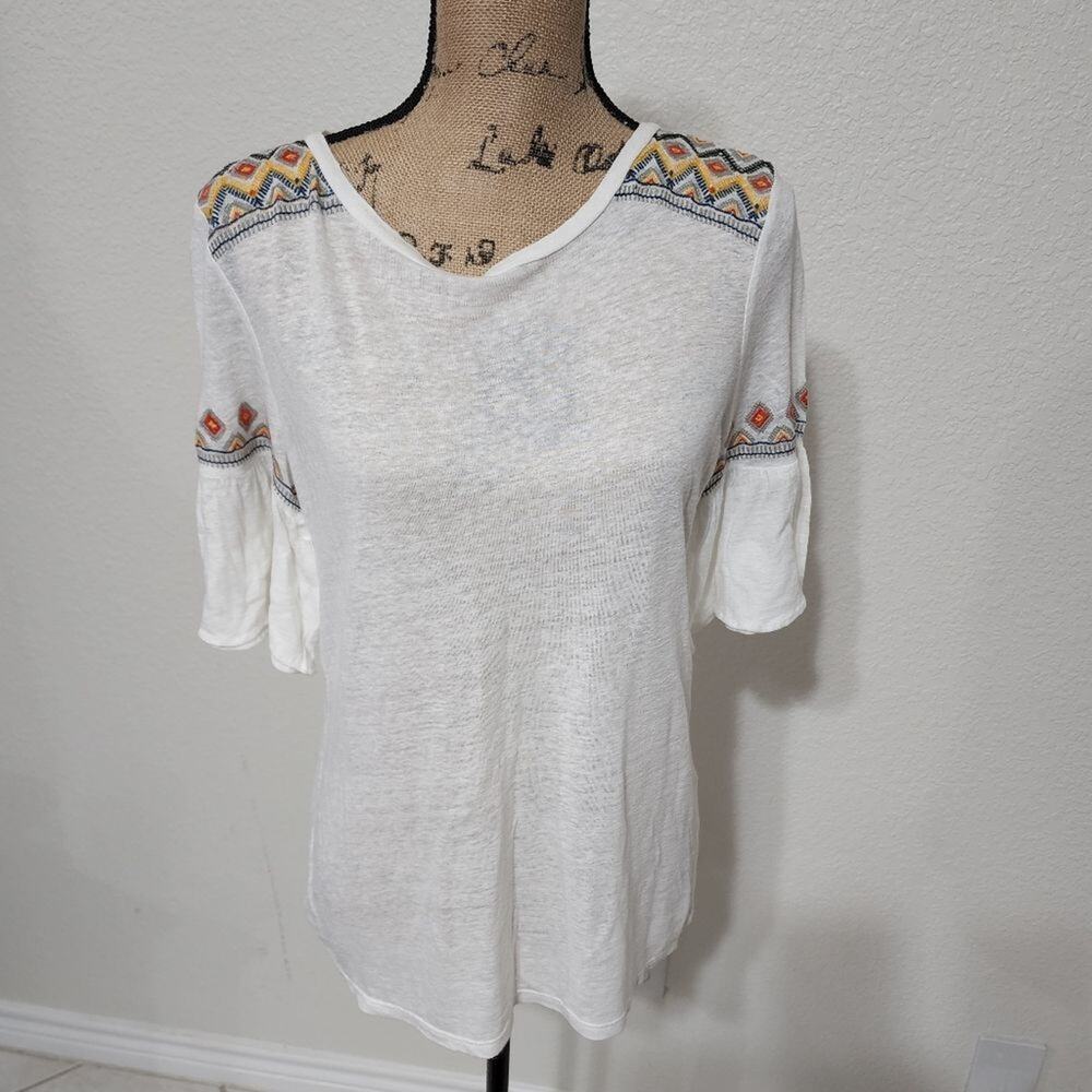 LOFT linen blend bell sleeve embroidered blouse shirt size XS